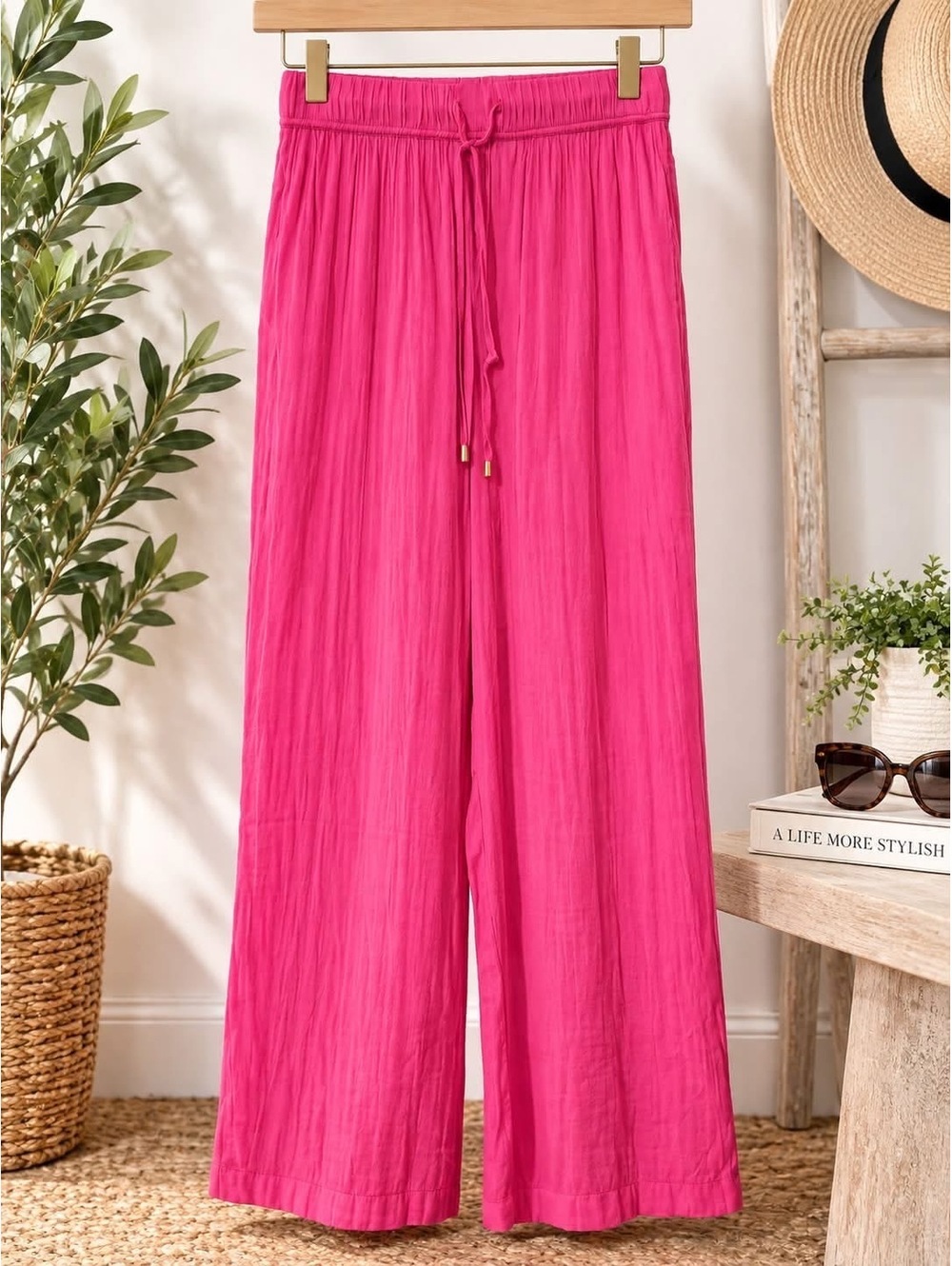 Fuchsia Pink Wide Leg Pull On Pants Drawstring Joie M
